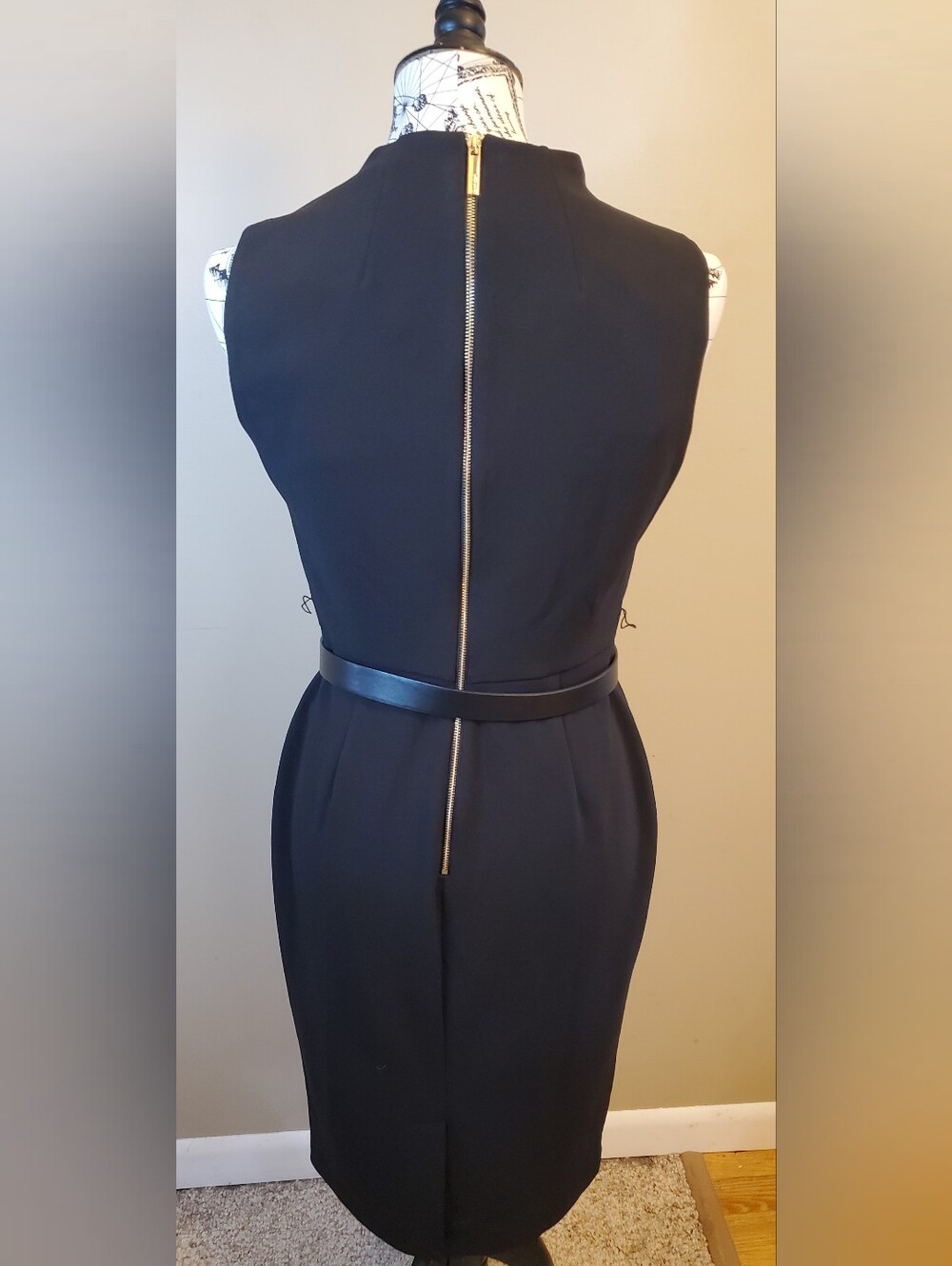 Calvin Klein Womens Size 6 Black Sheath Pencil Dress Belted Gold Zip Career Offi - Picture 6 of 8
